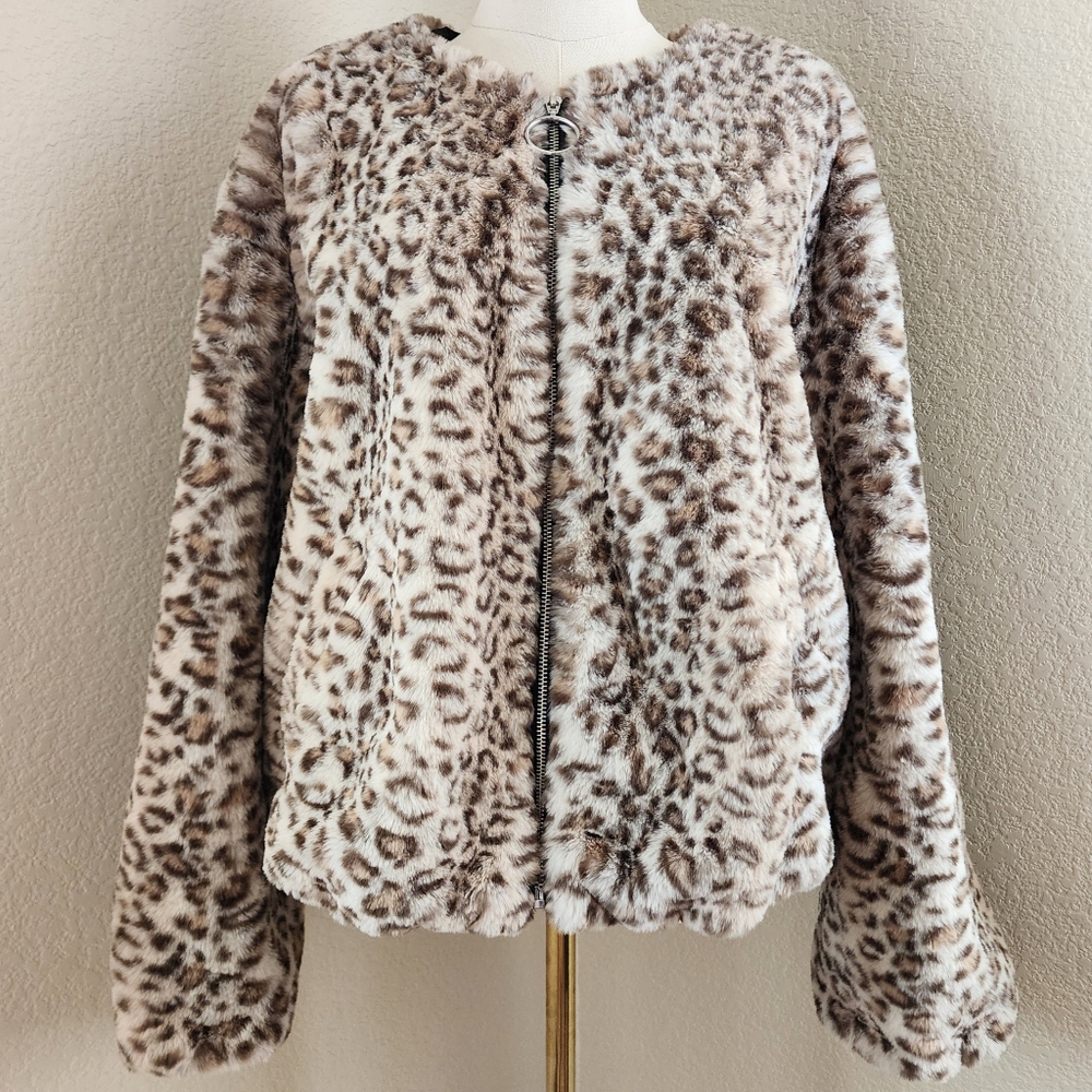 Sebby Collection Faux fur leopard animal print coat jacket. Size L. Nwot - Picture 2 of 13